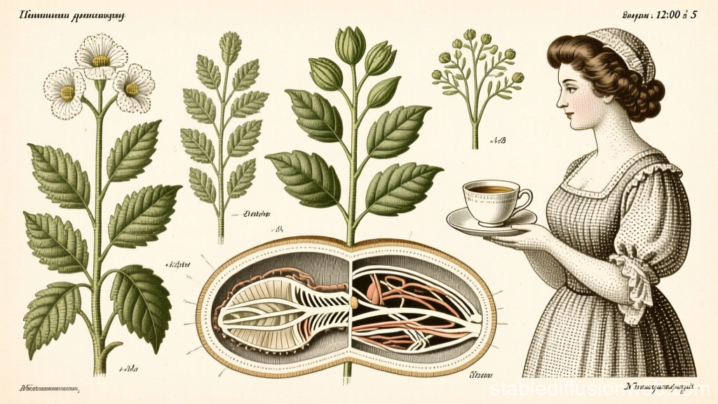 Vintage Botanical Illustration with Woman Holding Tea