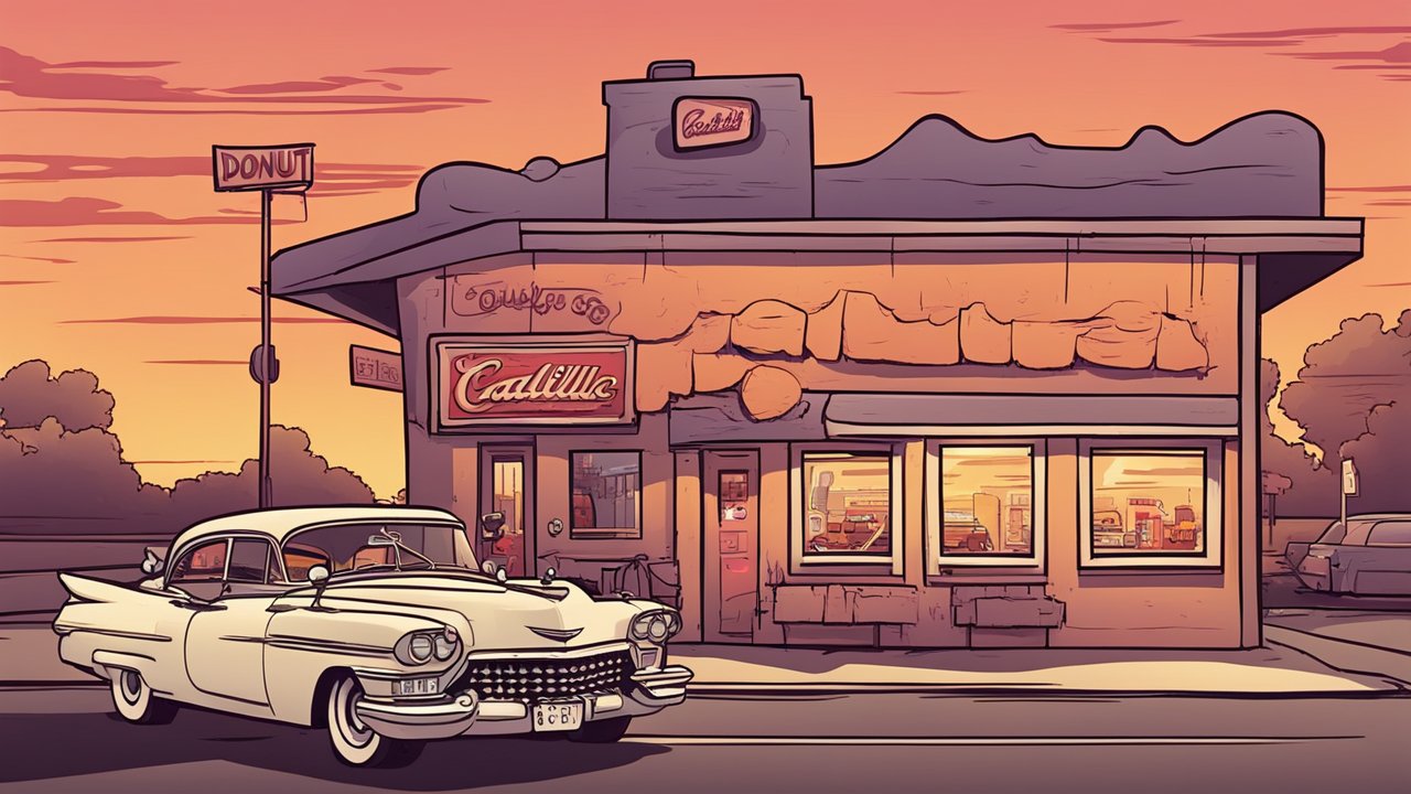 Vintage Cadillac Outside Donut Shop at Sunset