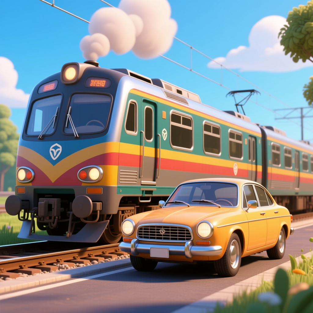 Vintage Car and Train on Sunny Day