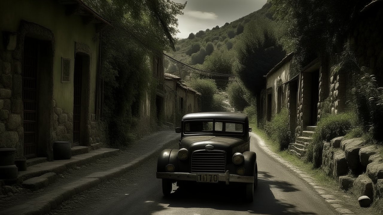 Vintage Car on a Quiet Village Road