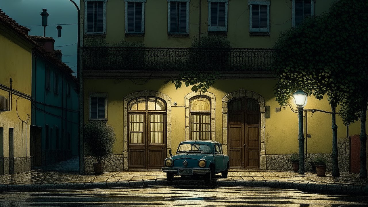 Vintage Car Parked on Quiet Night Street