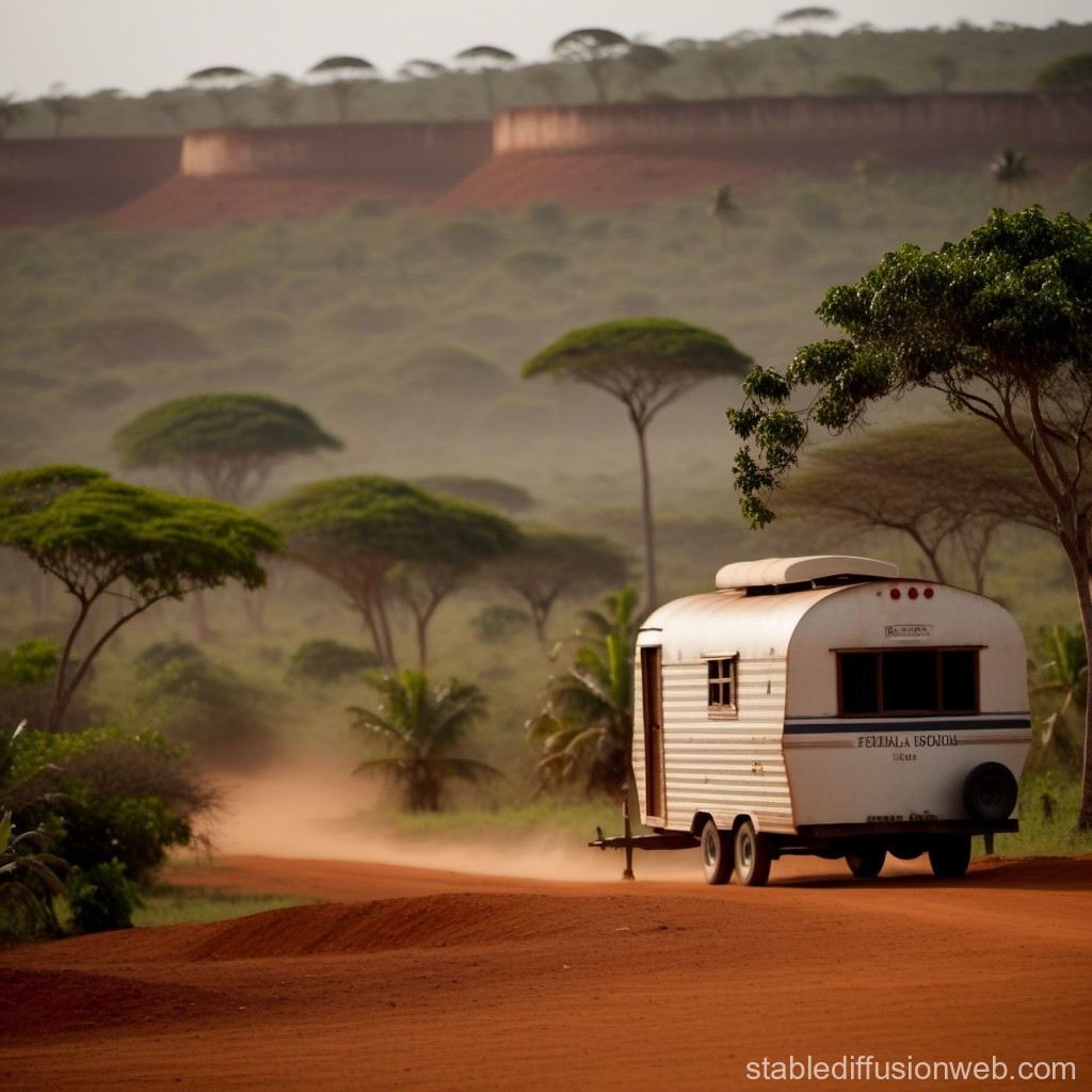 Vintage Caravan on a Dusty Red Dirt Road in a Lush Landscape