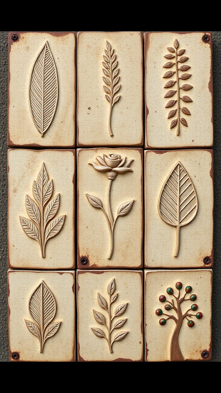 Vintage Ceramic Tiles with Botanical Reliefs