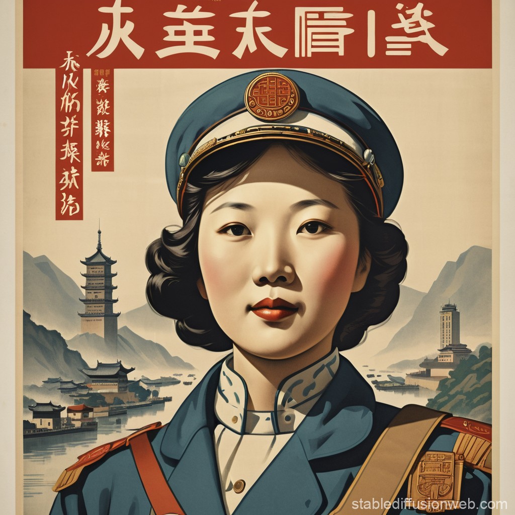 Vintage Chinese Propaganda Poster Featuring Female Officer