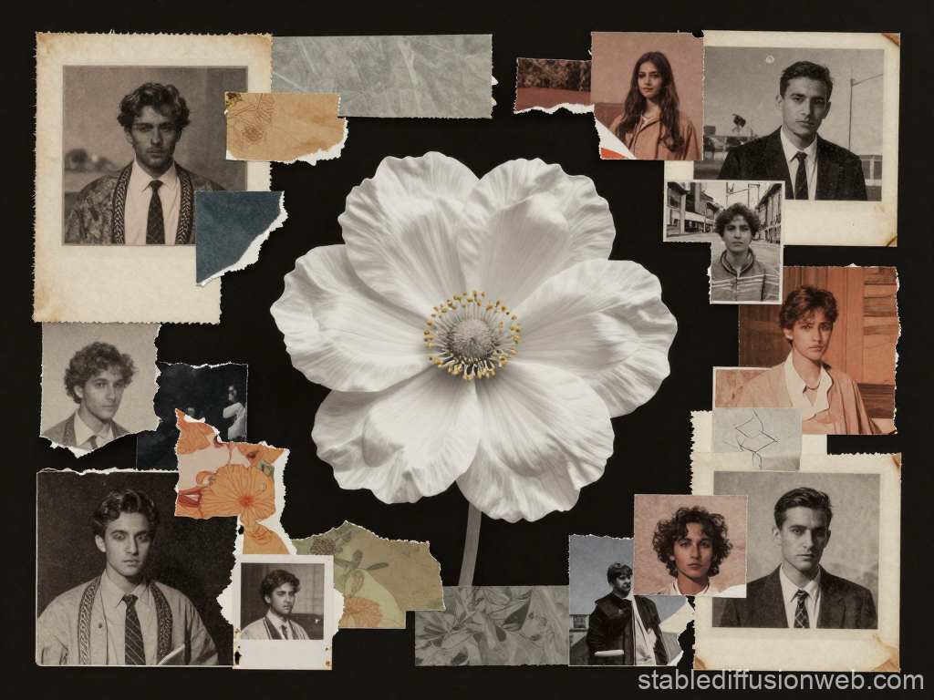 Vintage Collage with White Flower and Retro Portraits