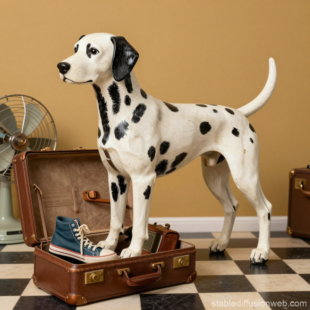 Vintage Dalmatian Figurine Standing in Open Suitcase