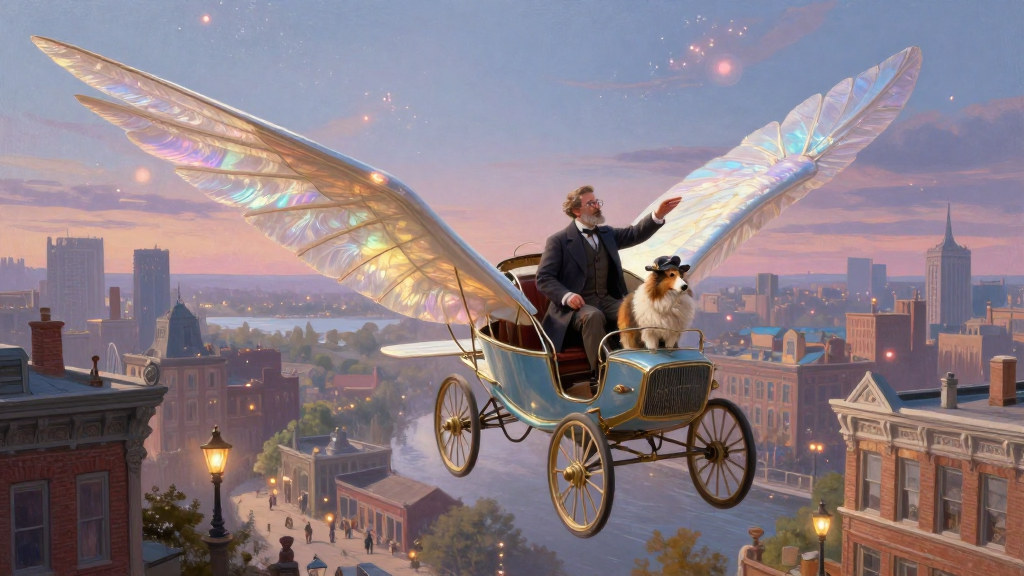 Vintage Flying Carriage with Man and Dog Over Cityscape