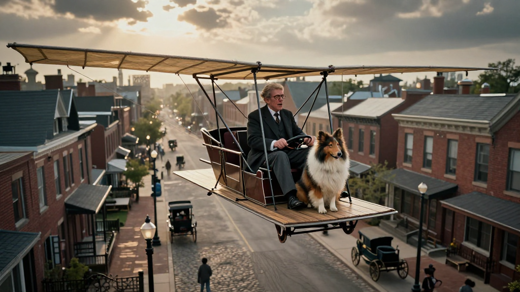 Vintage Flying Machine with Man and Dog Over Historic Town