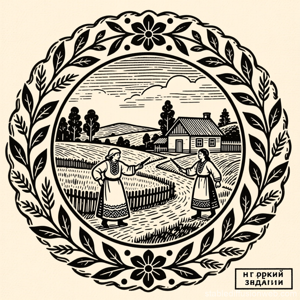 Vintage Folk Art Scene with Decorative Floral Frame