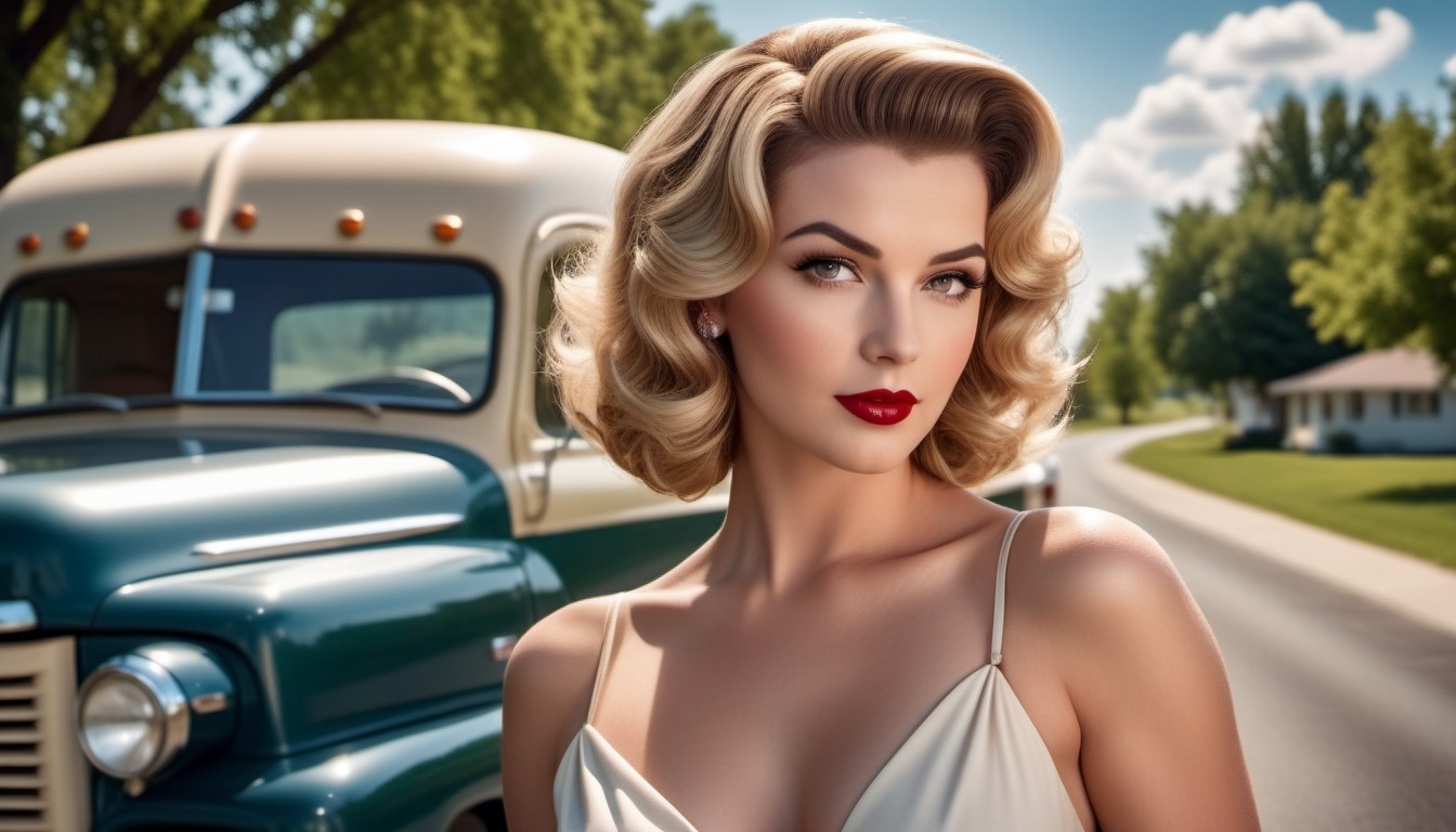 Vintage Glamour Woman with Classic Truck on Sunny Road