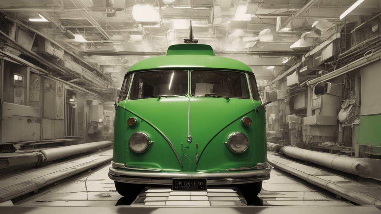 Vintage Green Van in Industrial Warehouse
