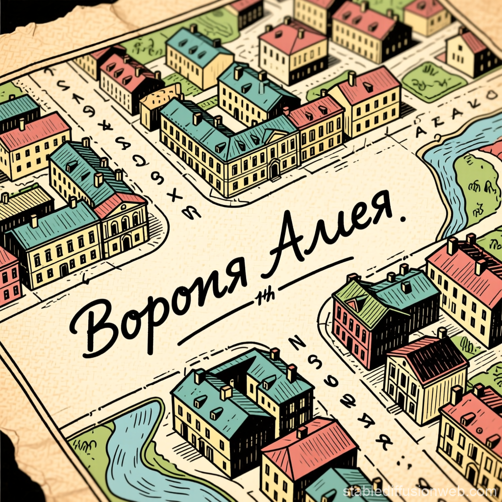 Vintage Hand-Drawn Map with Cyrillic Script