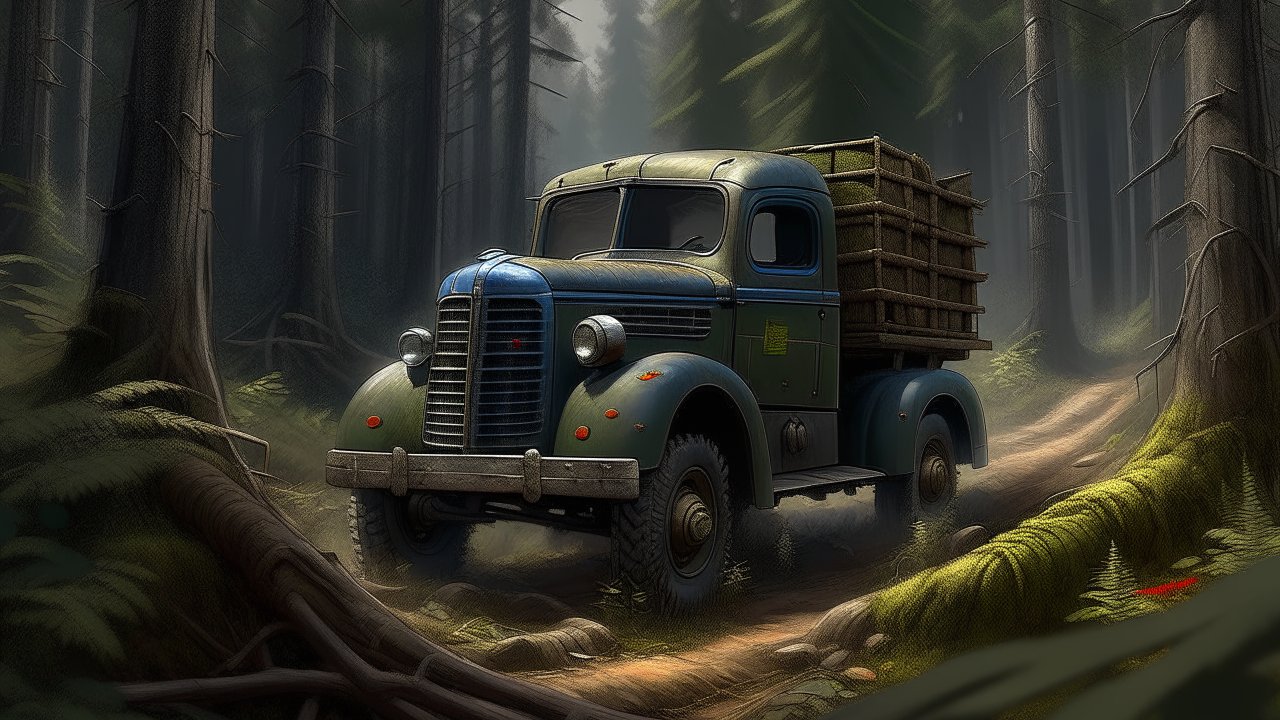 Vintage Lumberjack Truck Driving Through Dense Forest