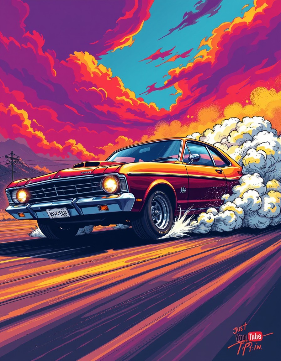 Vintage Muscle Car Burnout at Sunset