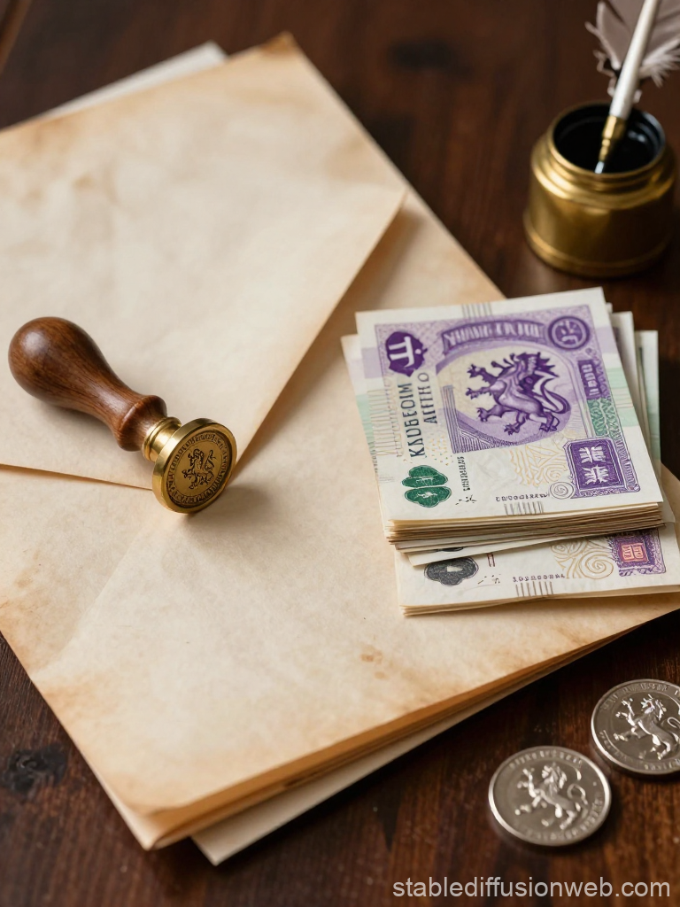 Vintage Parchment with Wax Seal Stamp and Currency