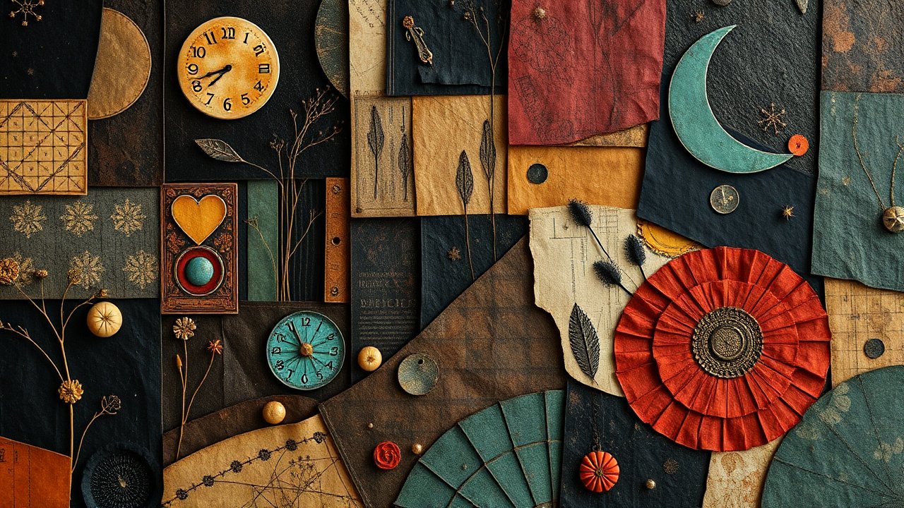 Vintage Patchwork Collage with Clocks and Botanical Elements