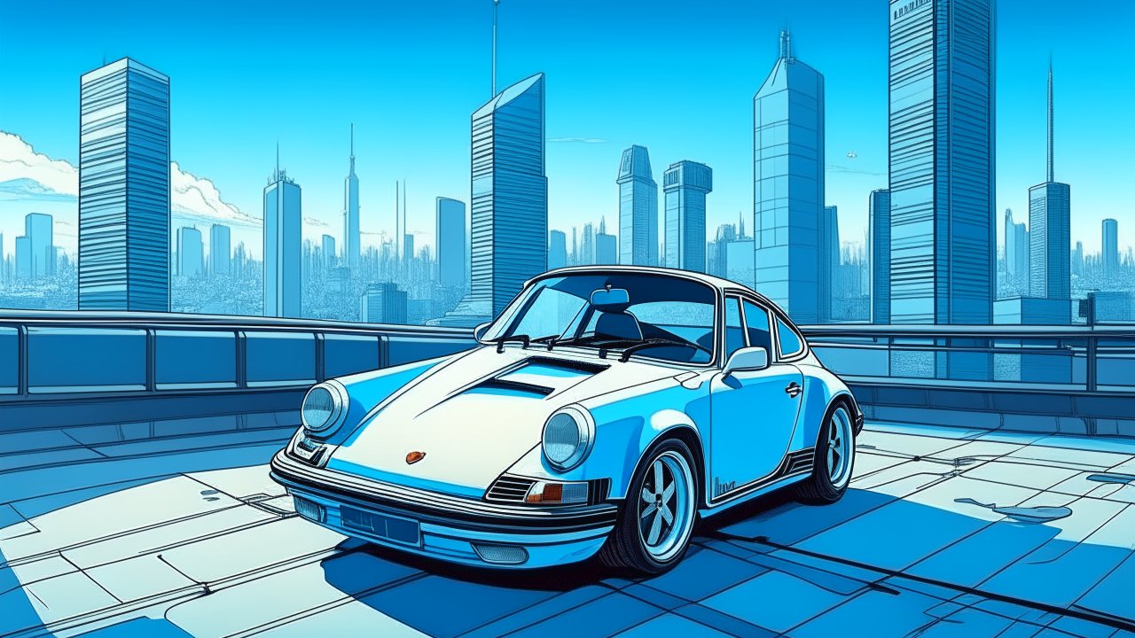 Vintage Porsche 911 in Futuristic Cityscape Illustration