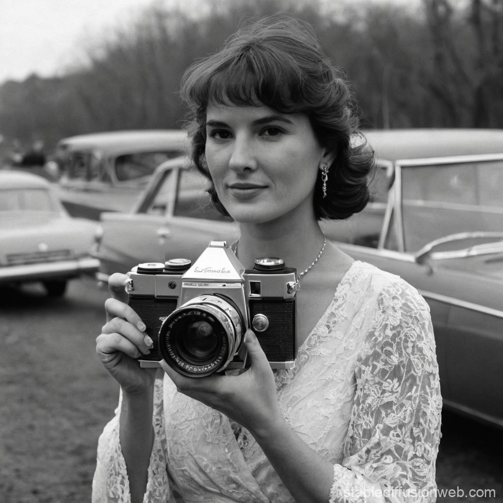 Vintage Portrait of a Woman Holding a Classic Camera