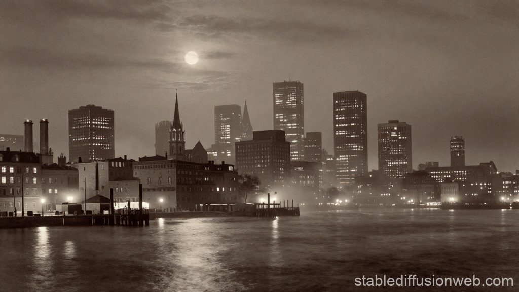 Vintage Sepia View of Boston Harbor at Night