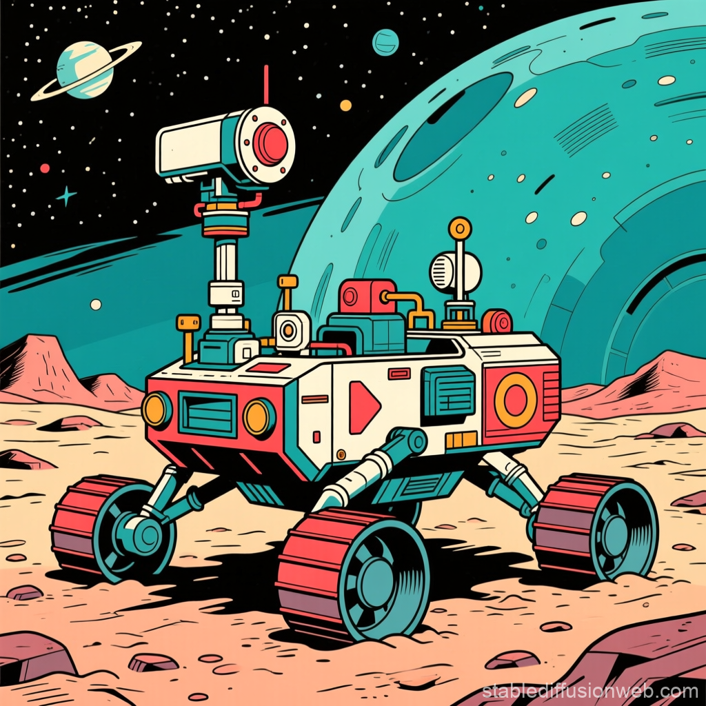 Vintage Space Rover on Alien Planet in Comic Style