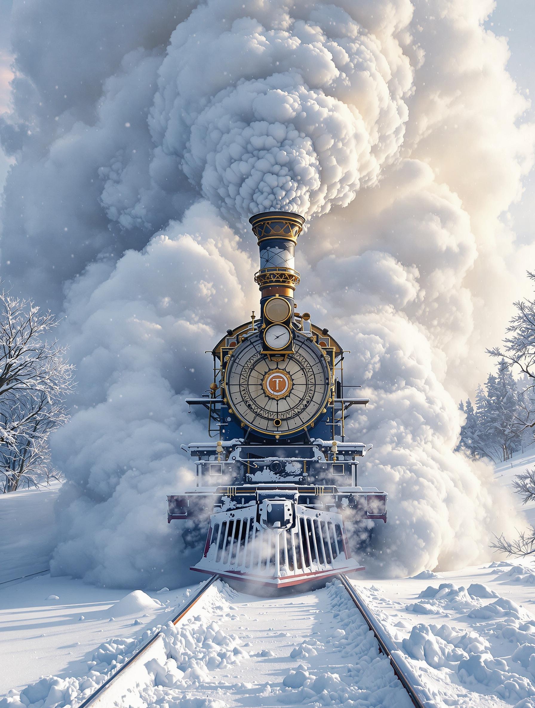Vintage Steam Locomotive in Snowy Winter Landscape