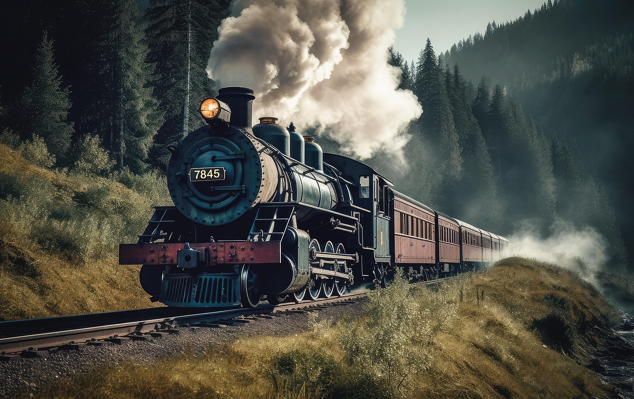 Vintage Steam Locomotive Traveling Through Forested Mountains