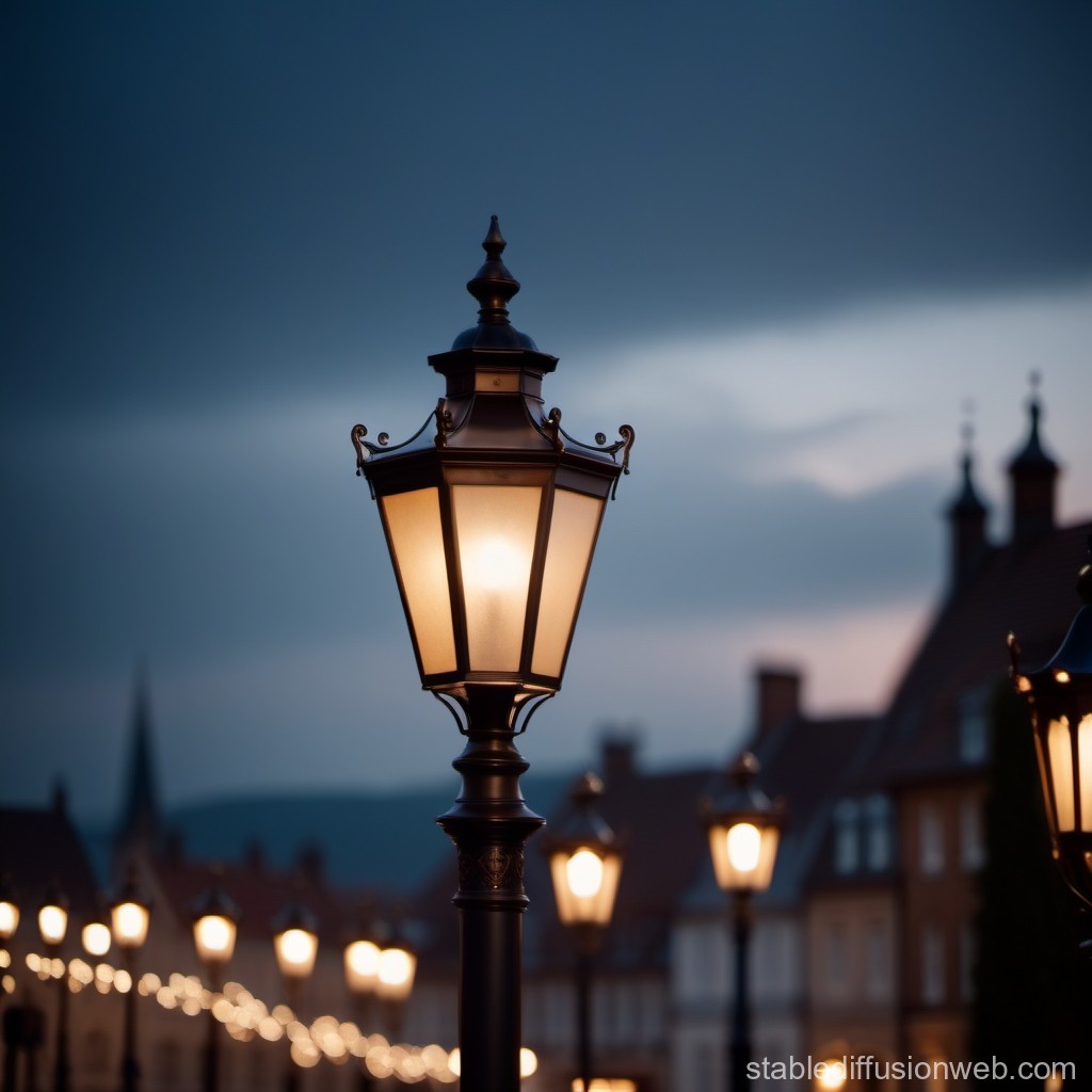 Vintage Street Lamps Glowing at Dusk in a Quaint Town