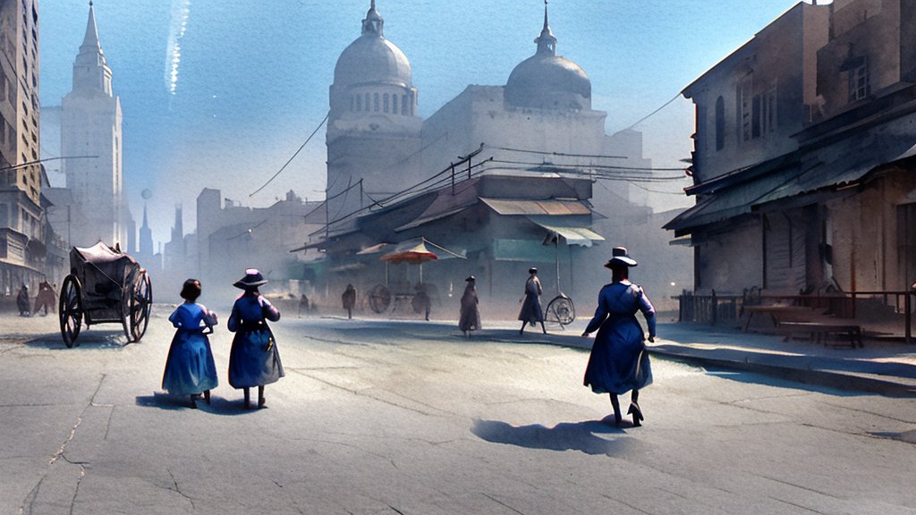 Vintage Street Scene with Women in Blue Dresses