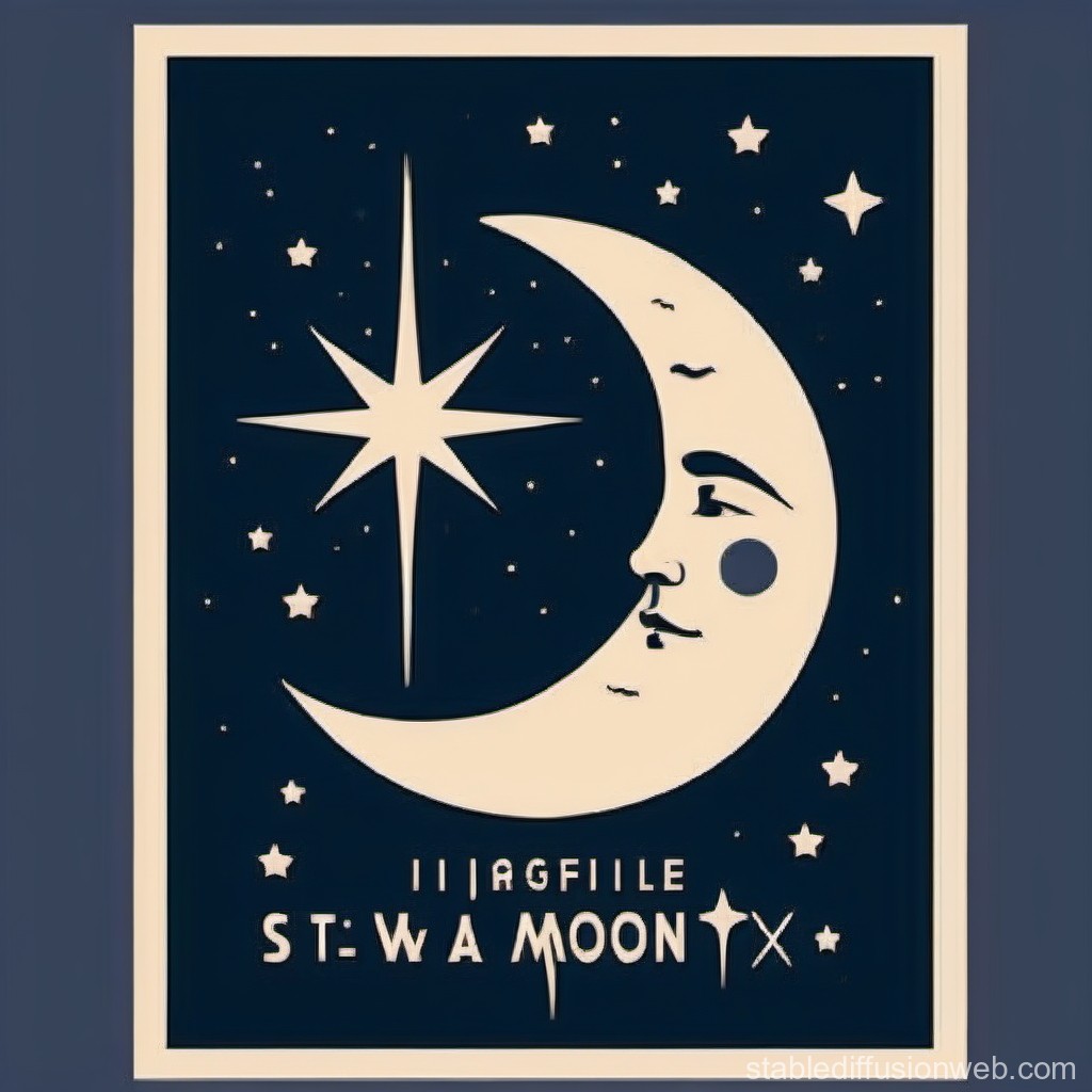 Vintage Style Crescent Moon with Stars Illustration