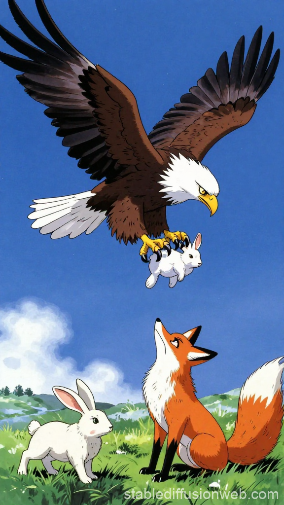 Vintage Style Eagle Seizing Rabbit with Fox and Rabbit Below