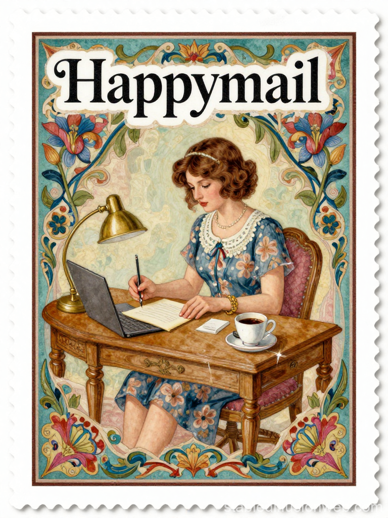 Vintage Style Illustration of Woman Writing at Desk with Laptop and Coffee