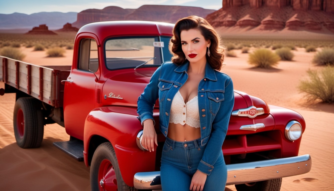 Vintage Style Woman Posing by Classic Red Pickup Truck in Desert