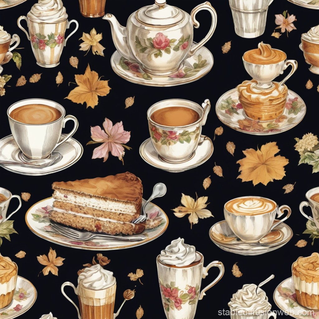 Vintage Tea and Coffee Pattern with Autumn Leaves
