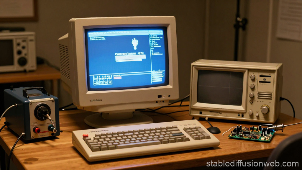 Vintage Tech Desk Setup with Classic Computer and Equipment