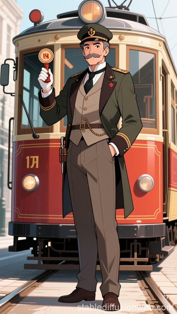Vintage Tram Conductor in Uniform Standing by Classic Tram