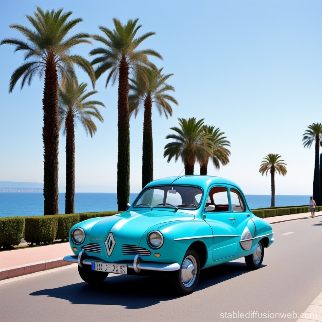 Vintage Turquoise Renault Car on Coastal Road