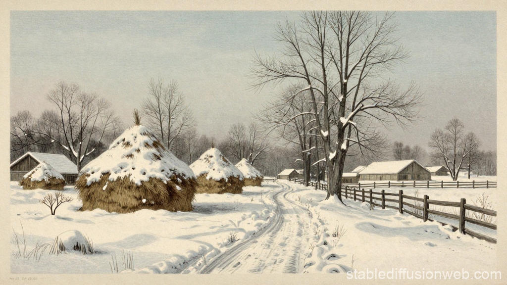 Vintage Winter Farmstead with Snow-Covered Haystacks