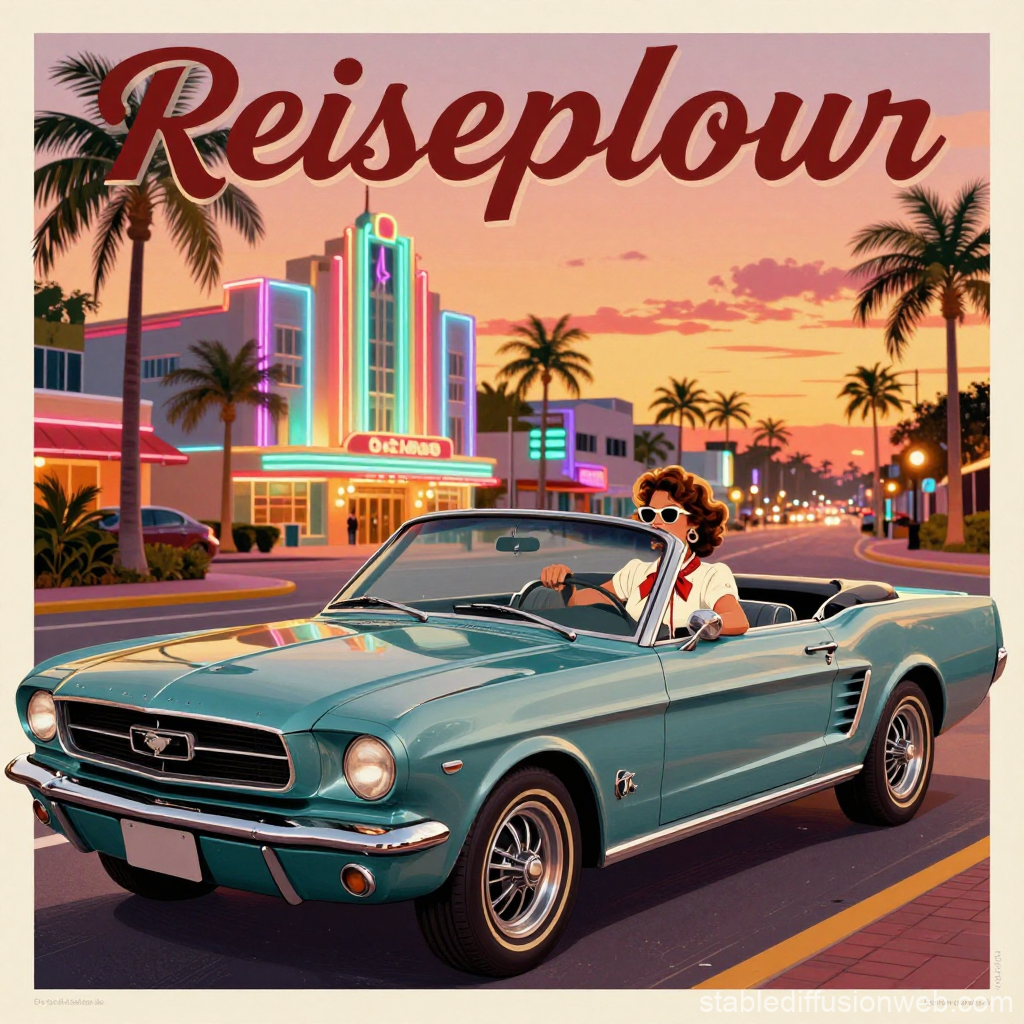 Vintage Woman Driving Classic Mustang Convertible at Sunset