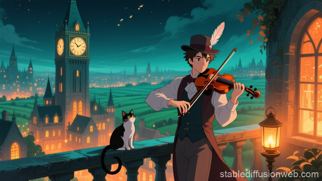 Violinist Playing on a Fantasy Balcony at Night