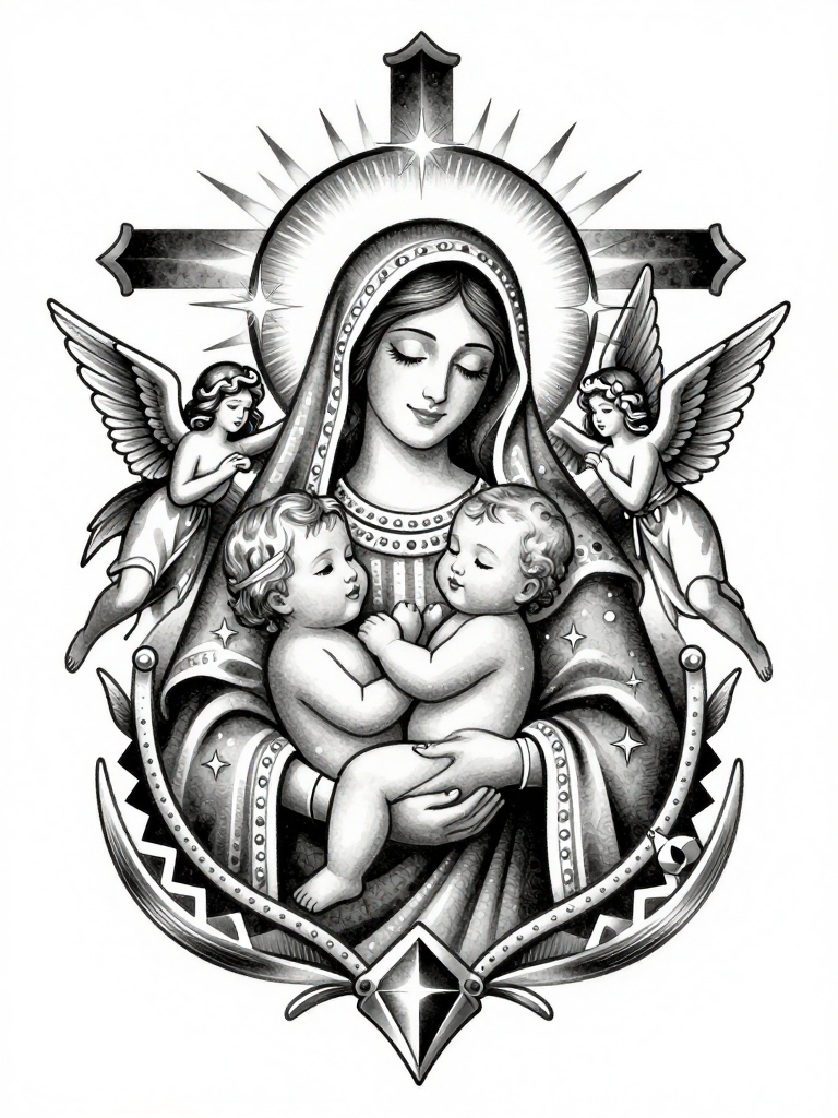 Virgin Mary Holding Two Babies with Angels and Cross