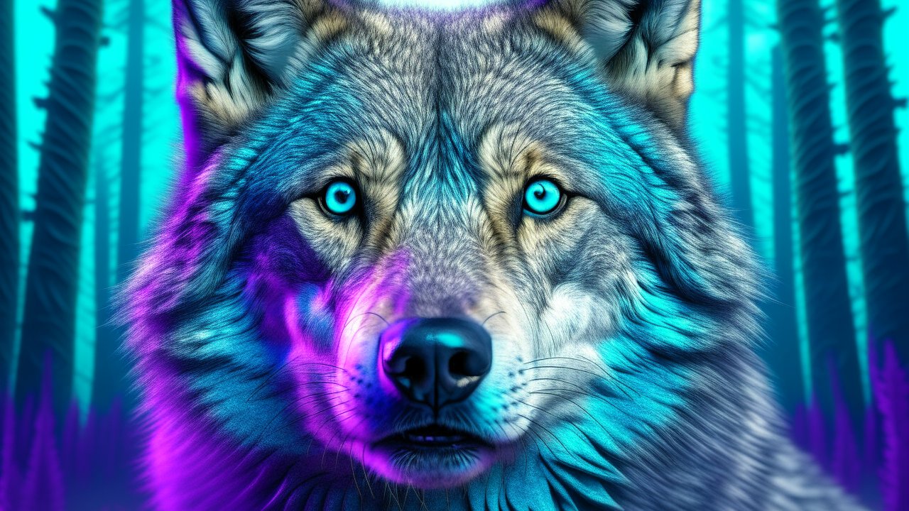 Vivid Neon Wolf Portrait in Mystical Forest