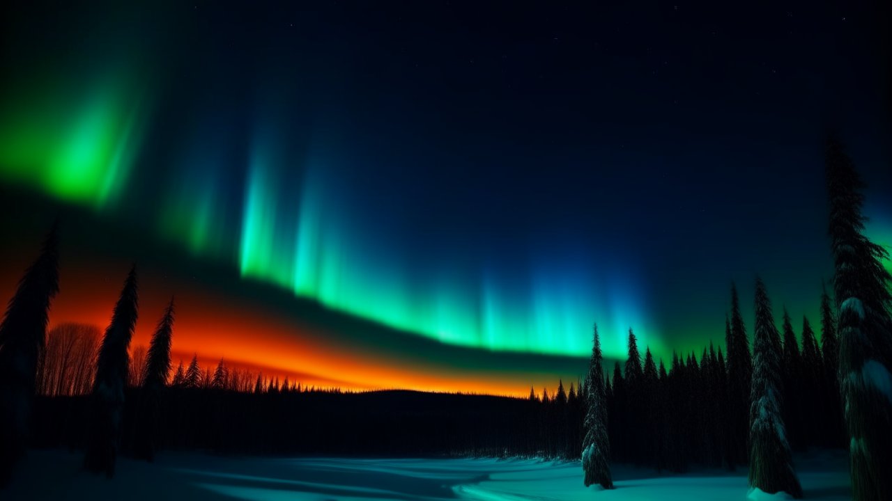 Vivid Northern Lights Over Snowy Forest Landscape