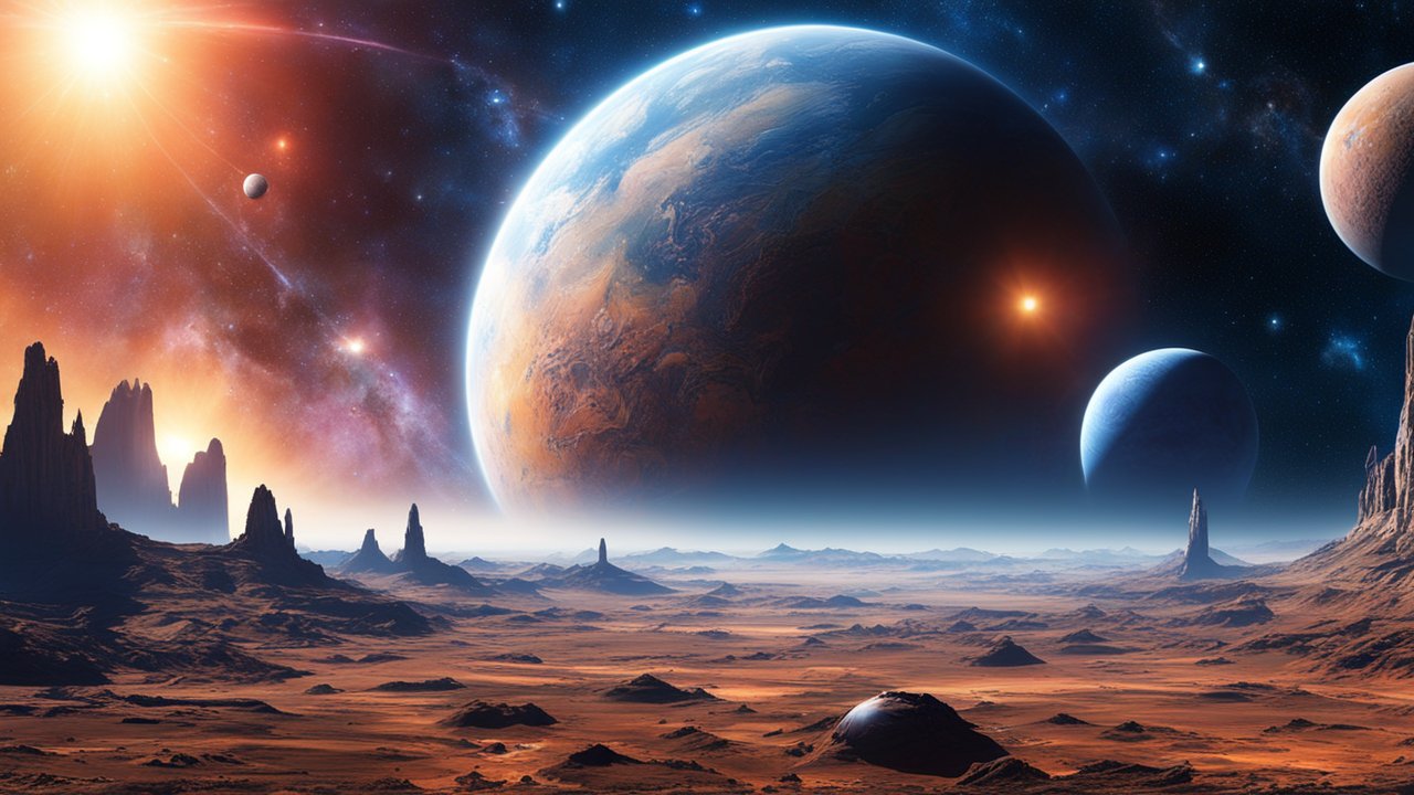 Vivid Realistic Alien Landscape with Multiple Planets