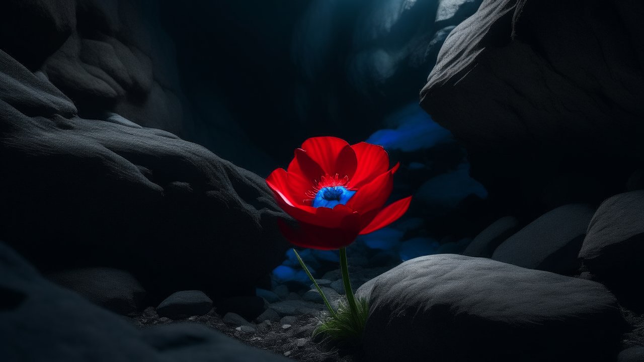Vivid Red Flower Illuminated in Dark Rocky Cave