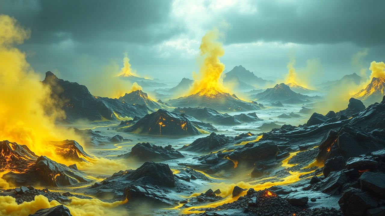Volcanic Landscape with Erupting Lava and Smoke