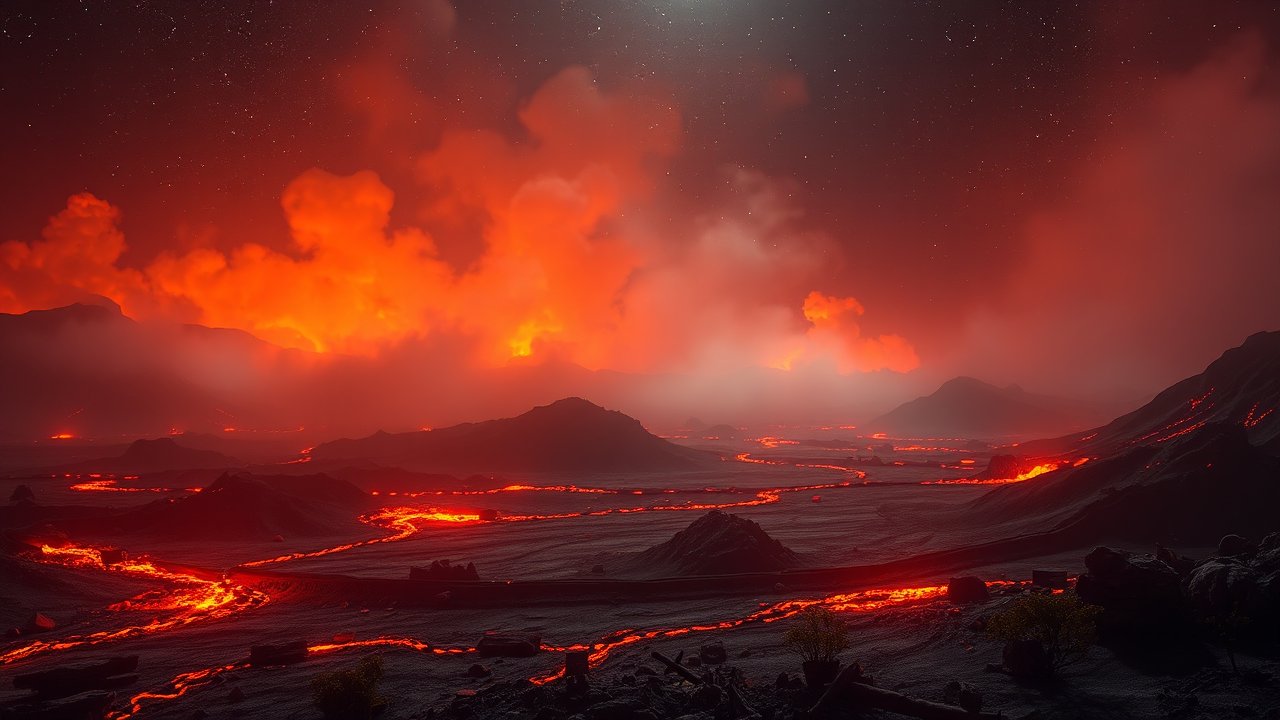 Volcanic Lava Flow Under Fiery Sky