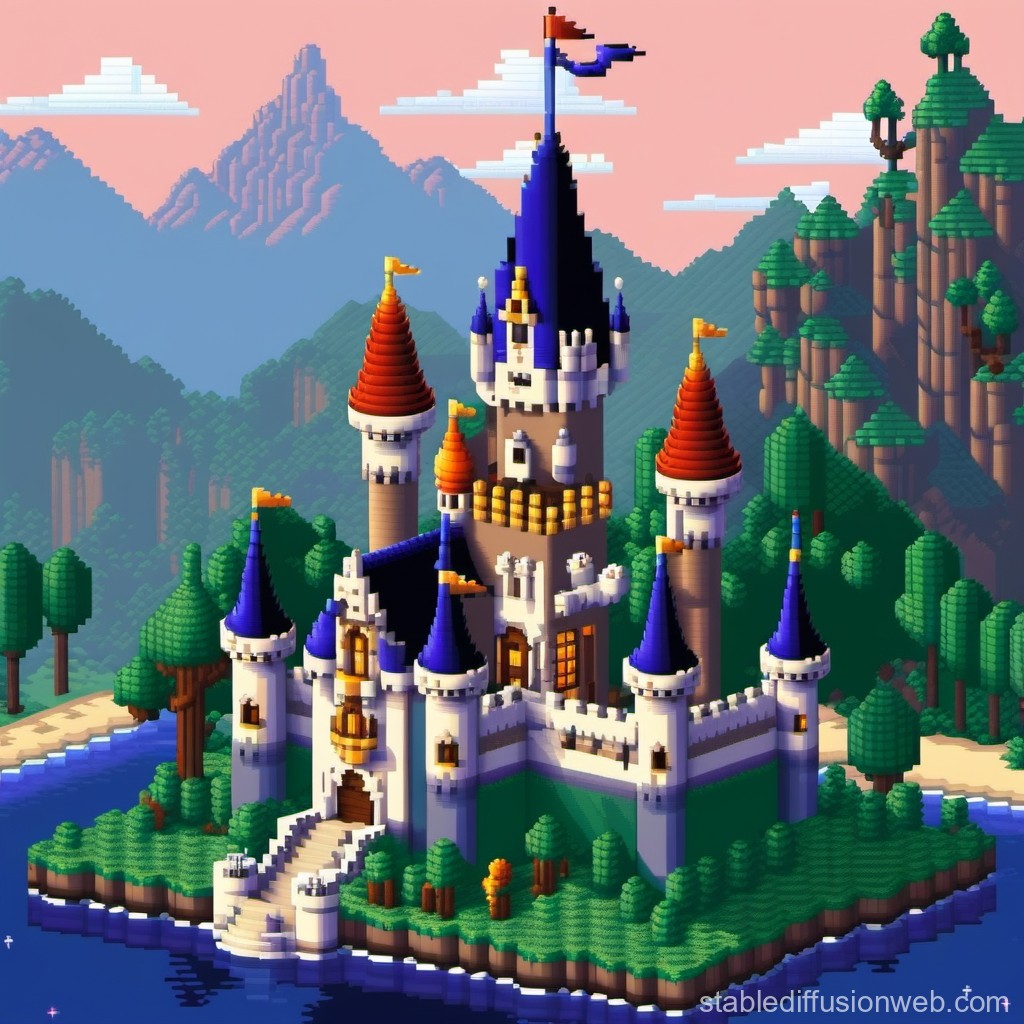 Voxel Art Fantasy Castle on Island