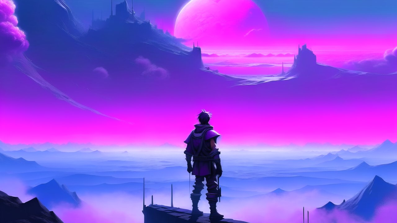 Wanderer Over a Neon Alien Landscape