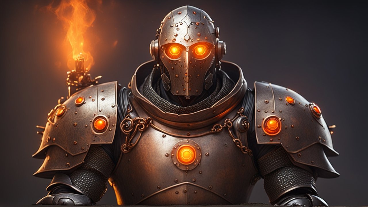 Warforged Robotic Cleric with Glowing Eyes and Armor