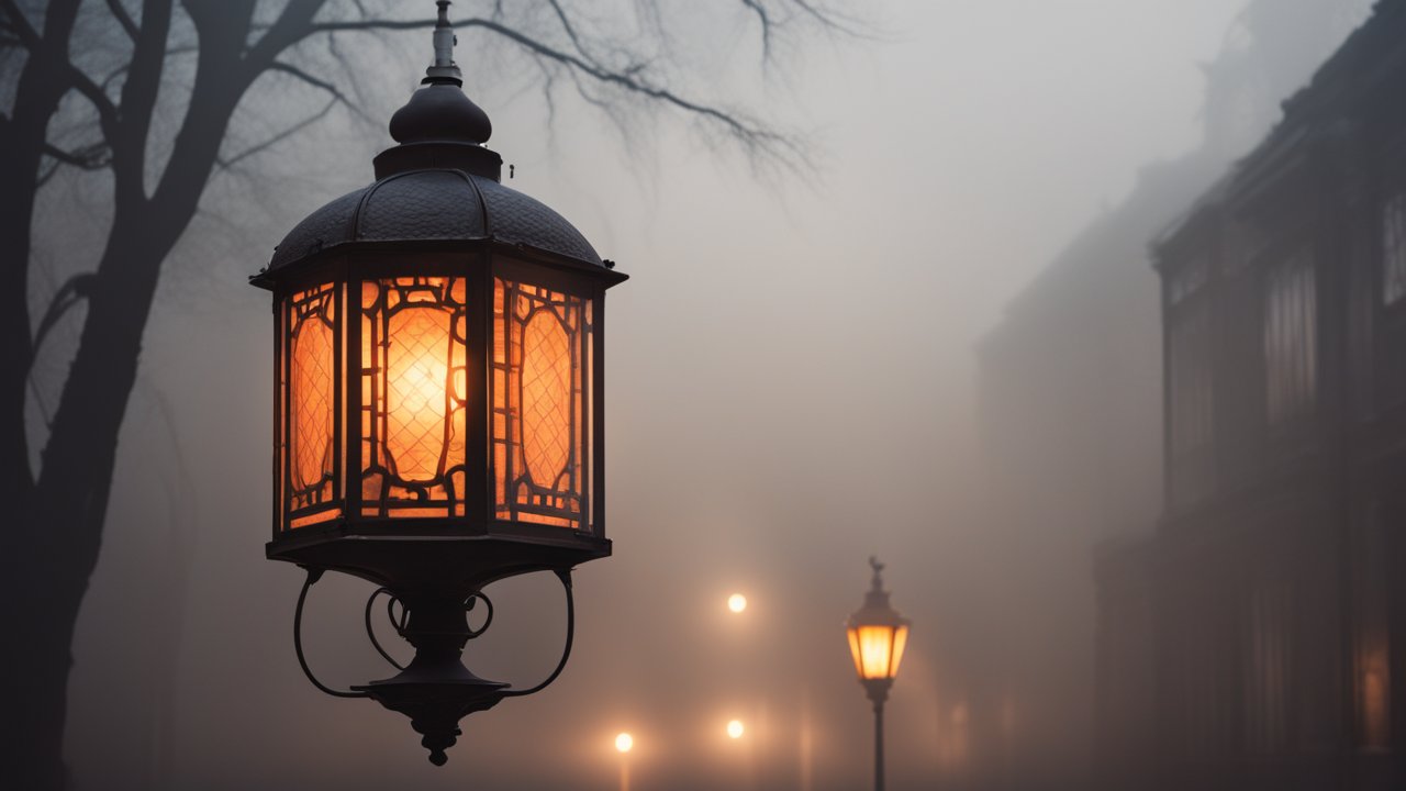 Warm Glow of Vintage Street Lantern in Foggy Evening
